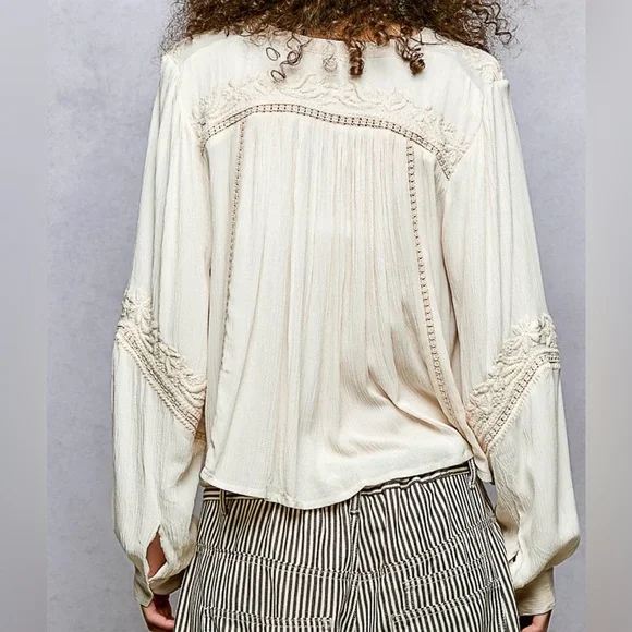NWT POL Boho Festival Balloon Sleeve Crinkle Woven Peasant Blouse Top Shirt - Picture 11 of 11